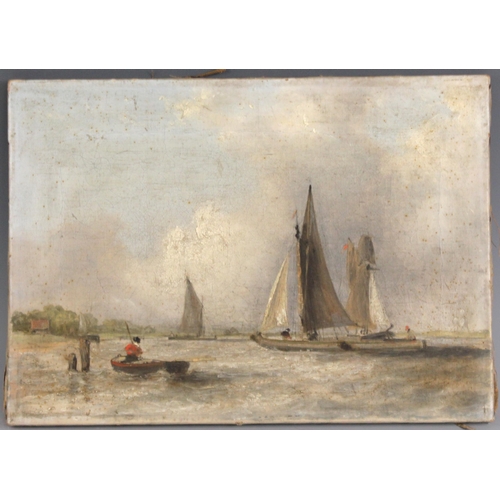 534 - English school (late 19th century),  
A dinghy tied up with fishing boats beyond,  
Oil on canvas,  ... 