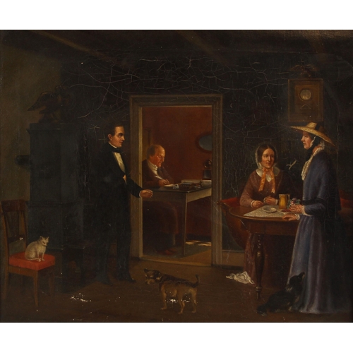 540 - American school (19th century),  
Interior scene with ladies, gentlemen, dogs and a cat,  
Oil on ca... 