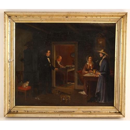 540 - American school (19th century),  
Interior scene with ladies, gentlemen, dogs and a cat,  
Oil on ca... 