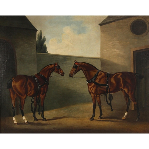 542 - Daniel Clowes (British, 1774-1829),  
Carriage horses in a stable yard,  
Oil on canvas,  
Signed lo... 