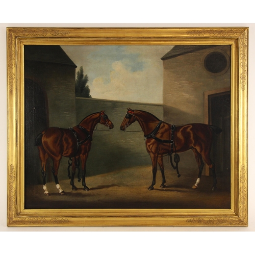 542 - Daniel Clowes (British, 1774-1829),  
Carriage horses in a stable yard,  
Oil on canvas,  
Signed lo... 