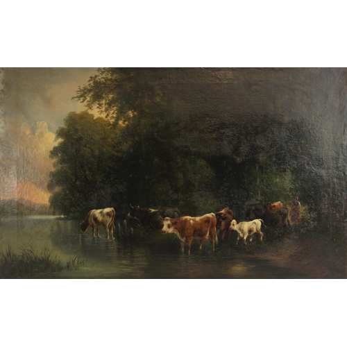 543 - Barbizon school (mid 19th century),  
Cattle watering in a woodland stream,  
Oil on canvas,  
Indis... 