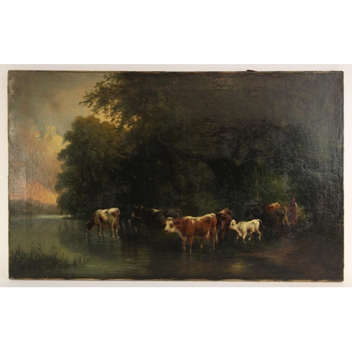 543 - Barbizon school (mid 19th century),  
Cattle watering in a woodland stream,  
Oil on canvas,  
Indis... 