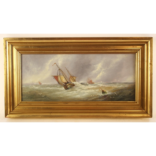 545 - Dutch school (19th century),  
Fishing boats in choppy seas,  
Oil on board applied to hardboard,  
... 