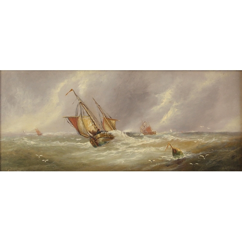 545 - Dutch school (19th century),  
Fishing boats in choppy seas,  
Oil on board applied to hardboard,  
... 