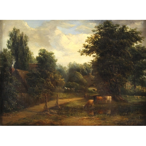 549 - Attributed to Alfred Vickers (British, 1786-1868),  
A country lane with cattle, sheep and a figure,... 