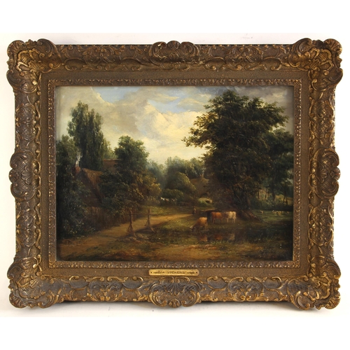 549 - Attributed to Alfred Vickers (British, 1786-1868),  
A country lane with cattle, sheep and a figure,... 