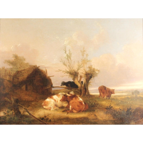 552 - Circle of Thomas Sidney Cooper RA (British, 1803-1902),  
Cattle resting outside a barn,  
Oil on ca... 