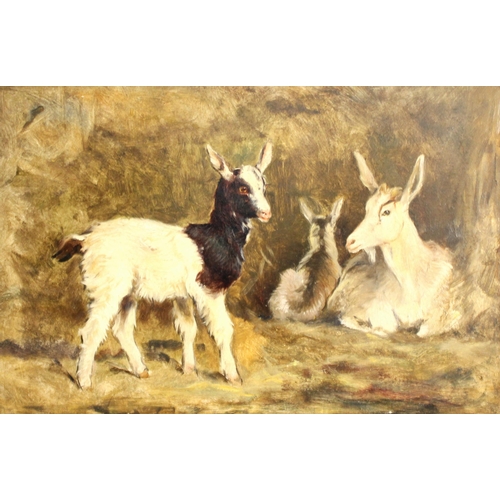 554 - Circle of Thomas Sidney Cooper RA (British, 1803-1902),  
A nanny goat and two kids,  
Oil on board,... 