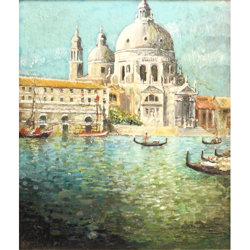 557 - Continental school (20th century),  
A view of Santa Maria Della Salute, Venice,  
Oil on board,  
U... 