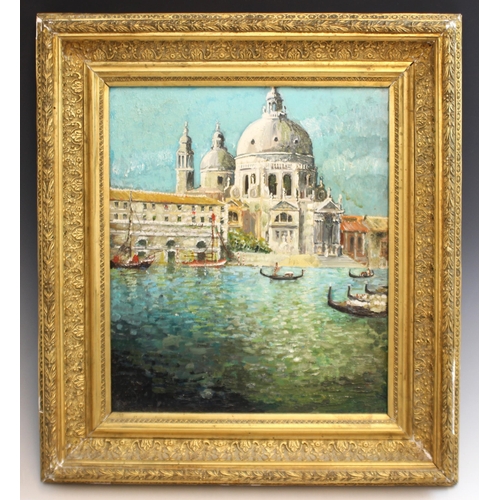 557 - Continental school (20th century),  
A view of Santa Maria Della Salute, Venice,  
Oil on board,  
U... 