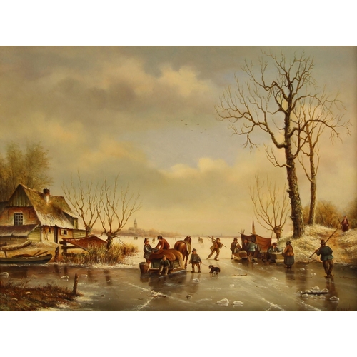 561 - M Feijen (Dutch school, 20th century),  
A frozen river scene with sleds and figures,  
Oil on board... 