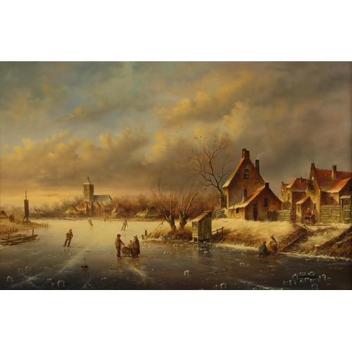 562 - Leon Arie Feijen (Dutch b.1947),  
A frozen river scene,  
Oil on board,  
Signed lower right,  
38.... 