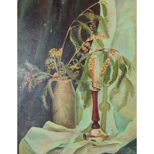 588 - Attributed to Viktor Petrovich Kudrin (Russian, 1925-1999),  
Still life with jug, foliage and candl... 