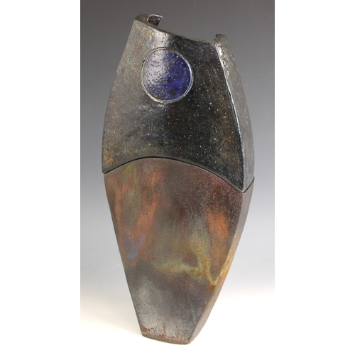 595 - A Shaun Hall studio pottery raku fired two piece vessel, 21st century, modelled as a fish, the botto... 