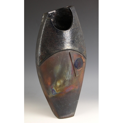 595 - A Shaun Hall studio pottery raku fired two piece vessel, 21st century, modelled as a fish, the botto... 