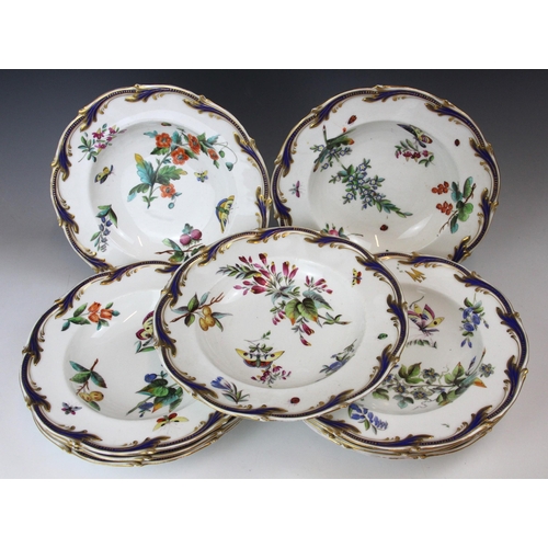 665 - Nine Coalport soup plates, mid 19th century, the blanks from moulds produced by Sevres, each piece p... 