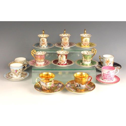 670 - A selection of miniature continental porcelain cabinet cups and saucers, 20th century, to include ex... 