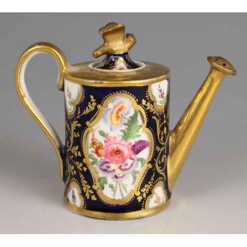 677 - A Davenport miniature watering can and cover, circa 1825, decorated with floral reserves set among g... 