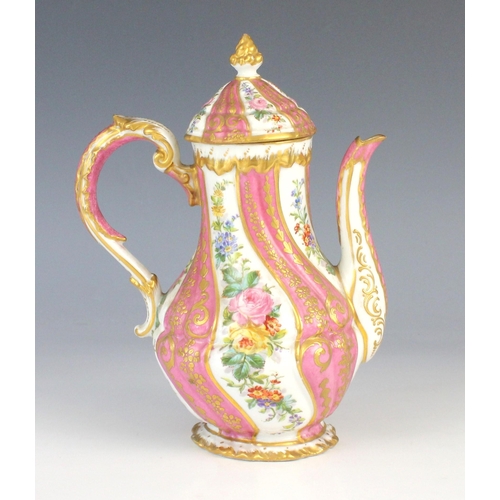 686 - A French porcelain coffee pot, of wrythen waisted baluster form, decorated with alternating panels o... 