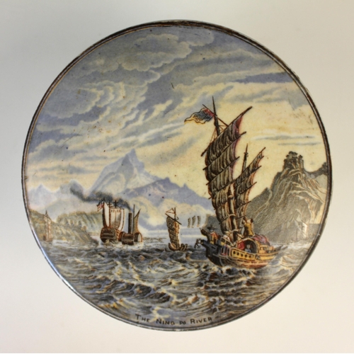 697 - A Prattware pot and cover, mid 19th century, titled 'The Ning Po River', depicting junks in a choppy... 