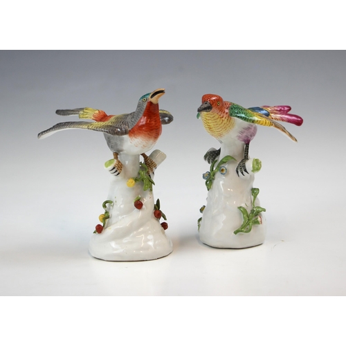 708 - A continental porcelain bird, 19th century, the bird modelled perching upon a branch, polychrome dec... 