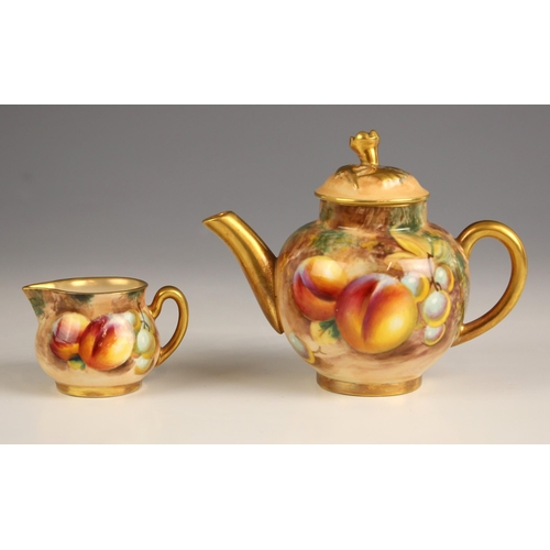 721 - A Royal Worcester Fallen Fruit miniature teapot, with naturalistic ground, floral finial and gilt hi... 