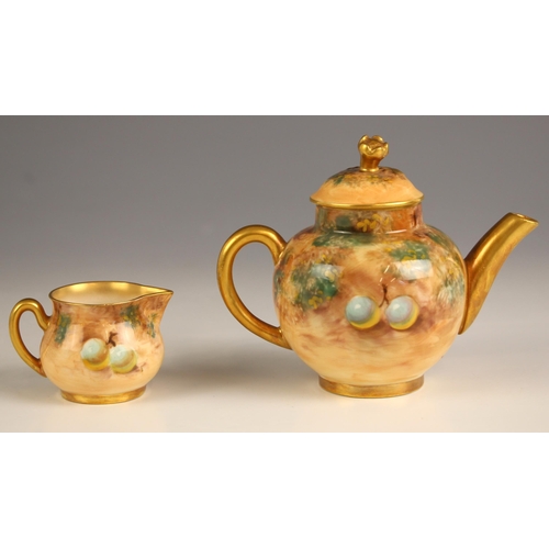 721 - A Royal Worcester Fallen Fruit miniature teapot, with naturalistic ground, floral finial and gilt hi... 