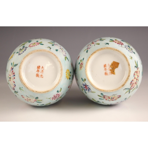 764 - A pair of Chinese porcelain celadon-ground famille rose jars, Guangxu (1875-1908), each of ovoid for... 