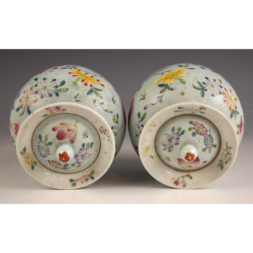 764 - A pair of Chinese porcelain celadon-ground famille rose jars, Guangxu (1875-1908), each of ovoid for... 