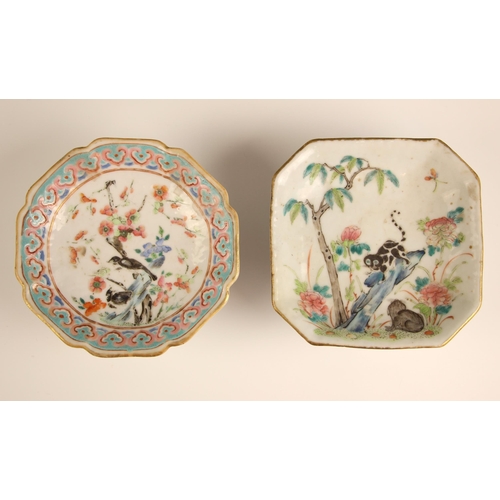 766 - A Chinese porcelain square stem-bowl, Tongzhi (1862-1874), decorated in the famille rose palette dep... 