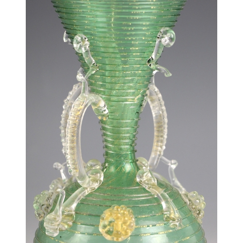 801 - A pair of Italian aventurine glass vases, early 20th century, of globular trumpet form, with prunted... 