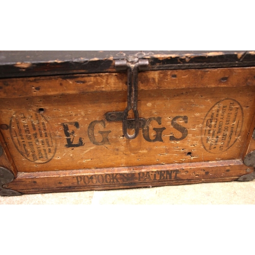 868 - A vintage wooden 'Peacock's Safety Egg Box', applied with an iron swing handle to the hinged cover, ... 