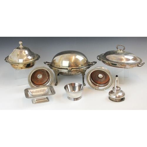 97 - A selection of silver plated items, to include a pair of Barker Ellis bottle coasters, the gadrooned... 