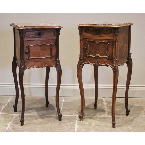 1046 - A well matched pair of Louis XV style kingwood and rouge marble bedside cupboards, late 19th/early 2... 