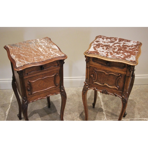 1046 - A well matched pair of Louis XV style kingwood and rouge marble bedside cupboards, late 19th/early 2... 