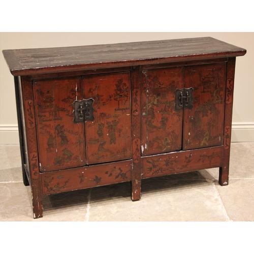 1050 - A Chinese painted and lacquered sideboard, probably elm, 19th century, the cleated plank top over tw... 