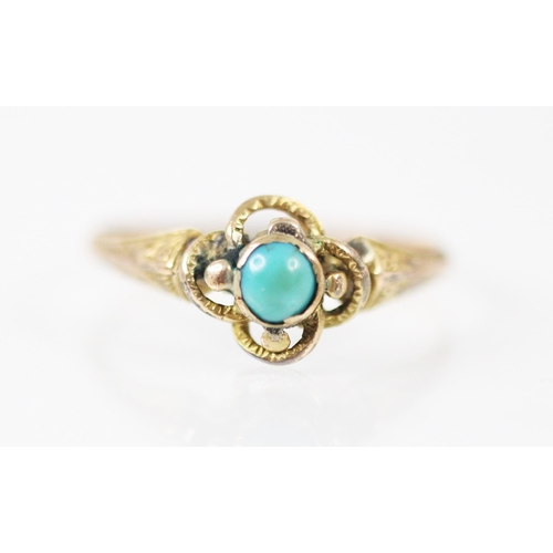 171 - A late 19th century untested turquoise ring, the round cut turquoise set in a yellow metal rubover m... 