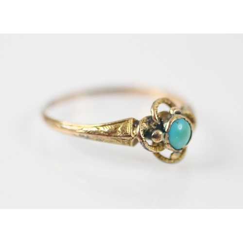 171 - A late 19th century untested turquoise ring, the round cut turquoise set in a yellow metal rubover m... 