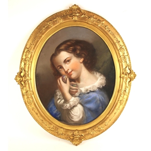 495 - French School (19th century),  
An oval bust length portrait of a young girl holding fruit,  
Waterc... 