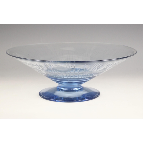 611 - A Portieux blue glass bowl, 20th century, the conical bowl with stepped central well, the exterior d... 