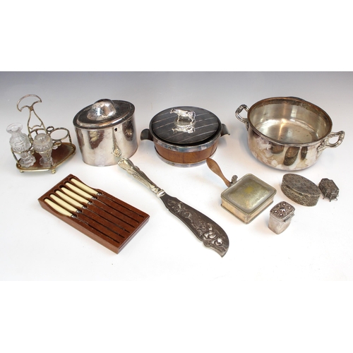 101 - A selection of silver plated wares, including a wooden and silver plate bowl and cover with removabl... 