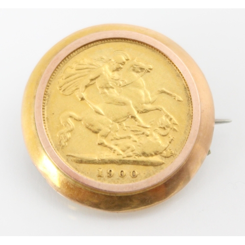 116 - An Edward VII half sovereign, dated 1900, mounted within a yellow metal mount, stamped 9ct, 5.9gms