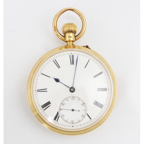 148 - An 18ct yellow gold open faced pocket watch, the circular white enamel dial with Roman numerals and ... 