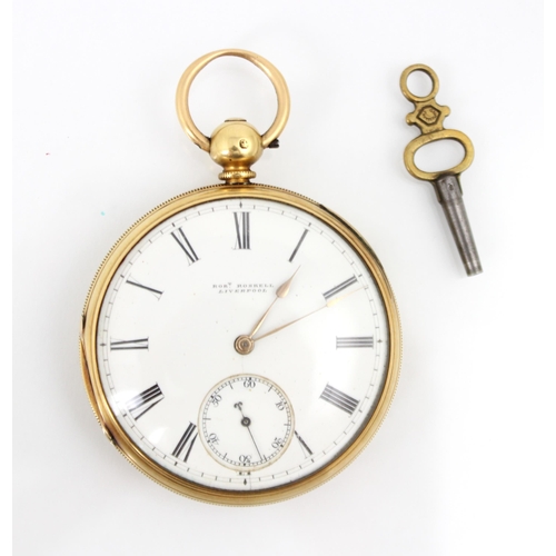 150 - A Victorian 18ct yellow gold open faced pocket watch, the circular white enamel dial with Roman nume... 