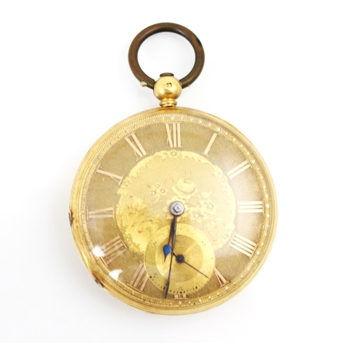 154 - A Victorian 18ct yellow gold pocket watch, the florally engraved dial with Roman numerals and subsid... 