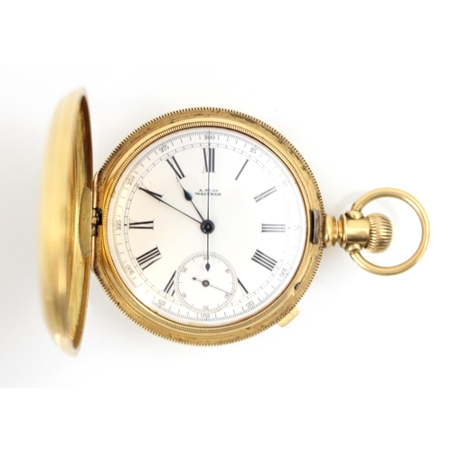 155 - A yellow metal Waltham pocket watch and timer, the white enamel dial with Roman numerals, subsidiary... 