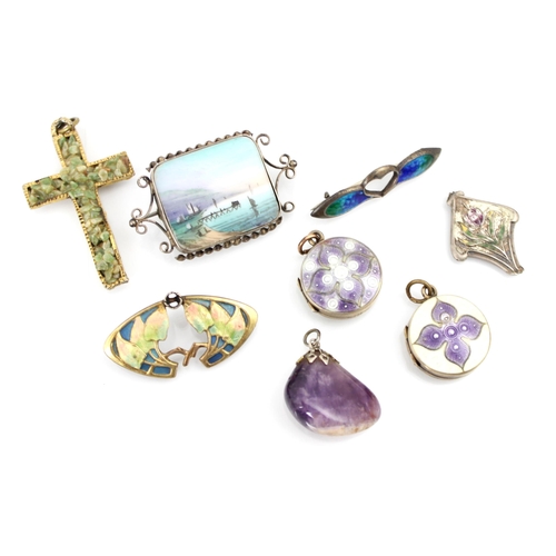 190 - A selection of enamel jewellery, including two enamel locket pendants, Thomas Russell, Chester 1914,... 