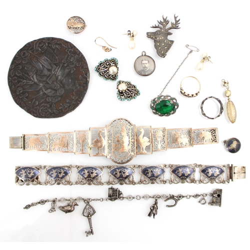 191 - A selection of silver items, including a niello panelled bracelet, 21cm long, two vacant pocket watc... 