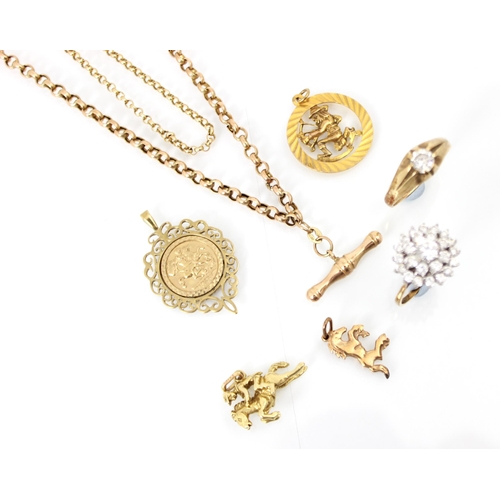 206 - A selection of yellow metal and 9ct yellow gold jewellery, including a trace link chain with bolt ri... 